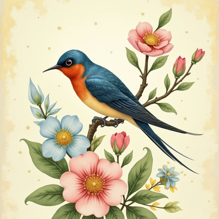 Vintage card with bird and flowers. Hand drawn vector illustration.の素材