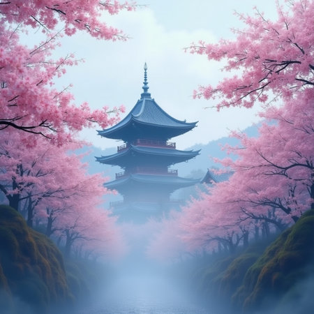 Cherry blossom and pagoda in Japan. 3D renderingの素材