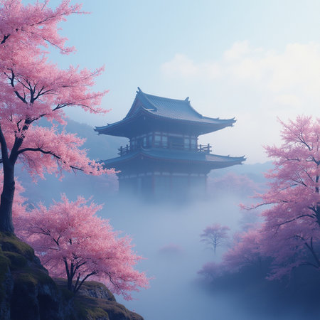 pink cherry blossoms and pagoda in the morning mist.の素材