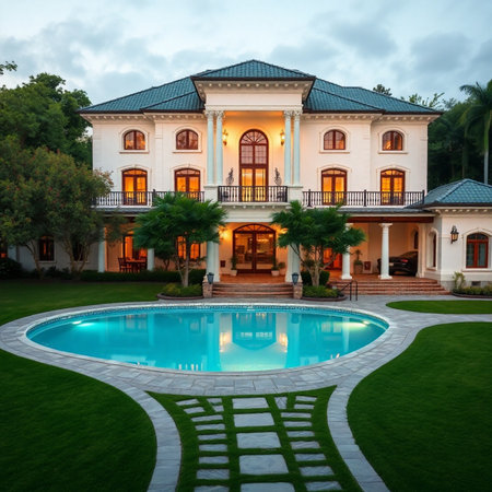 Luxury villa with swimming pool in the garden at nightの素材