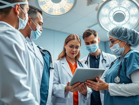 group of surgeons at work in operating theater toned in blue.の素材
