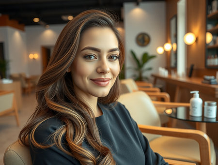Portrait of a young beautiful woman with long brown hair in a cafe.の素材
