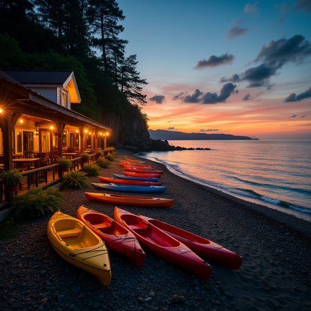 Colorful kayaks on the beach at sunset. Beautiful seascape.の素材