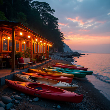 Colorful kayaks on the beach in the evening, Thailand.の素材
