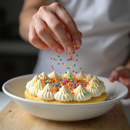 Female hands decorating meringue cake with colorful sprinkles.の素材