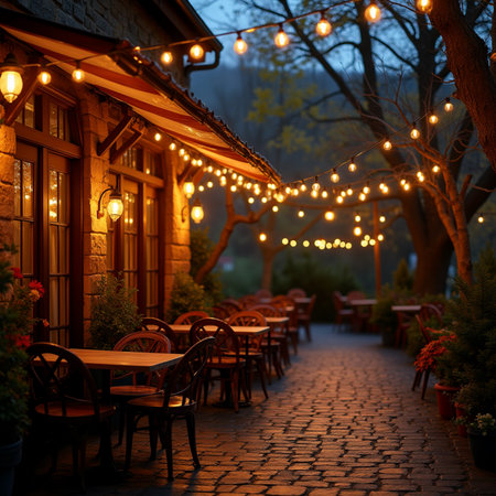 Outdoor cafe on a foggy night with a garland of lightsの素材