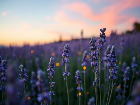Lavender flowers at sunset in Provence, France.の素材