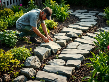 Young man planting a flower bed in the garden. Gardening concept.の素材