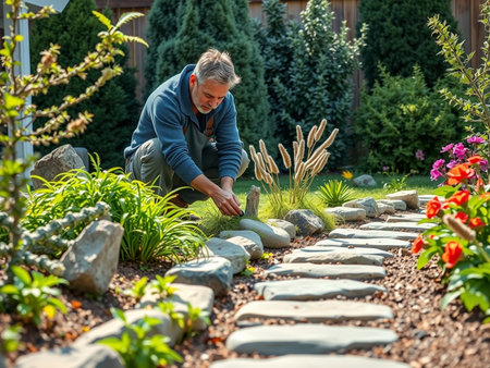 Senior man working in the garden, planting a flower bed with stonesの素材