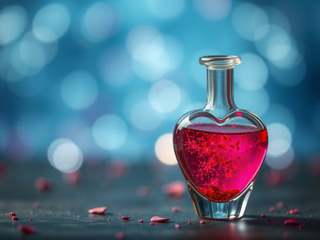 Bottle of perfume with rose petals on bokeh backgroundの素材