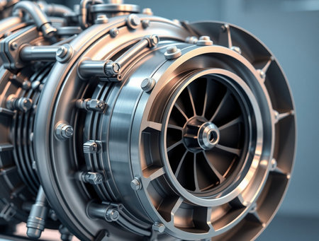 3d rendering of an airplane engine in a blue toned imageの素材