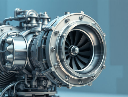 3d rendering of a jet engine on a blue background with copy spaceの素材