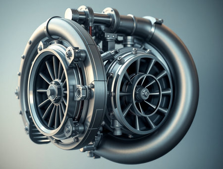 3D rendering of a jet engine on a gray background with vignetteの素材
