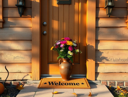 Vase with flowers on the porch of a wooden house in autumnの素材