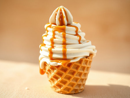 Vanilla ice cream with caramel sauce in waffle cone on brown backgroundの素材
