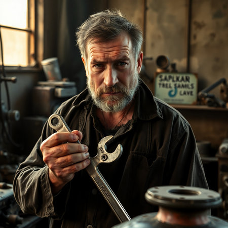 portrait of a senior craftsman with a wrench in his handの素材