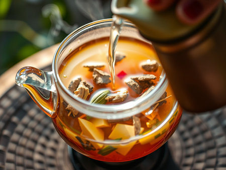 Pouring tea from teapot into glass cup, closeupの素材