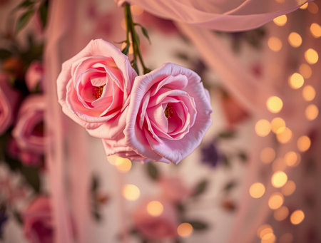 wedding decor with pink roses on a background of bokehの素材