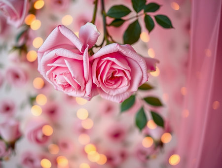 Pink roses on the background of a garland with bokehの素材