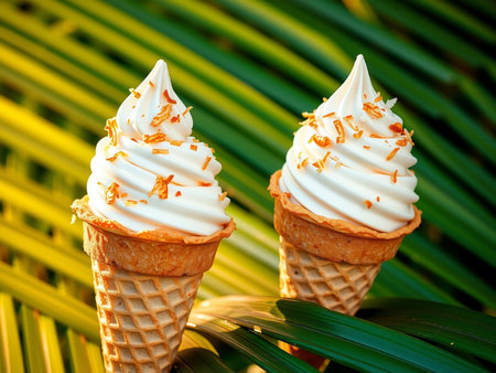 Ice cream cones on the background of palm leaves. Selective focus.の素材