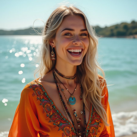 Portrait of a beautiful blonde girl in an orange dress on the beachの素材