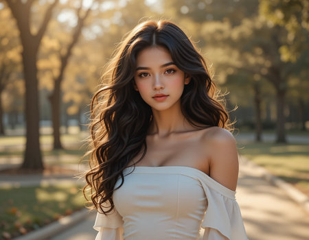 fashion outdoor photo of beautiful woman with dark hair in elegant dress posing in summer parkの素材