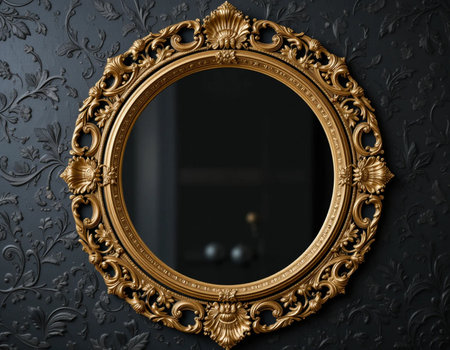 Vintage golden frame on black wall background. 3d render illustrationの素材