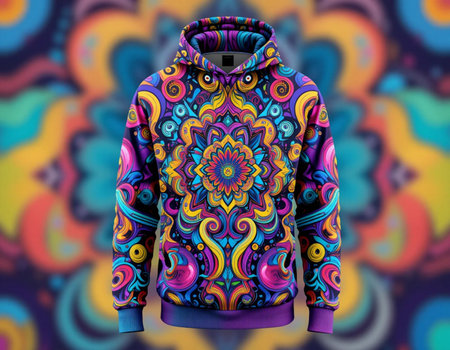 Colorful hoodie with colorful pattern on colorful background. Fashion concept.の素材