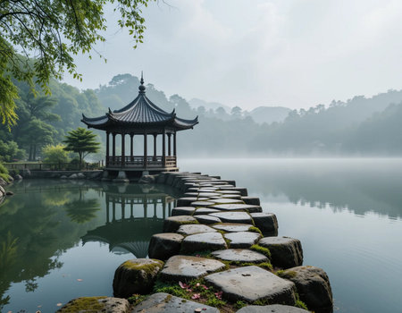 Pavilion on the lake in a misty morning at Hangzhou, Chinaの素材