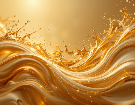 Golden splash of liquid. 3d rendering, 3d illustration.の素材