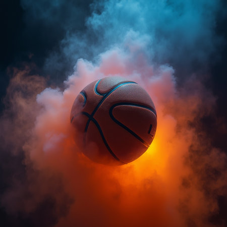 3d rendering of basketball ball flying through the air with smoke backgroundの素材