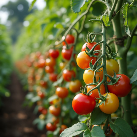Ripe red and yellow tomatoes growing on a branch in a greenhouseの素材