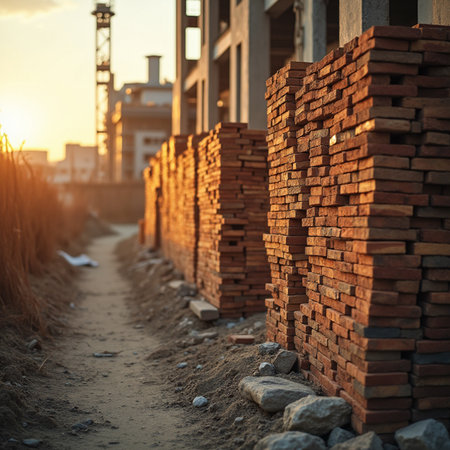 construction site with brick wall at sunset, closeup of photoの素材