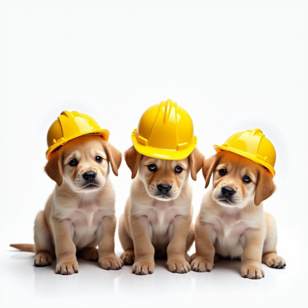 Labrador puppies in a hard hat isolated on a white background.の素材
