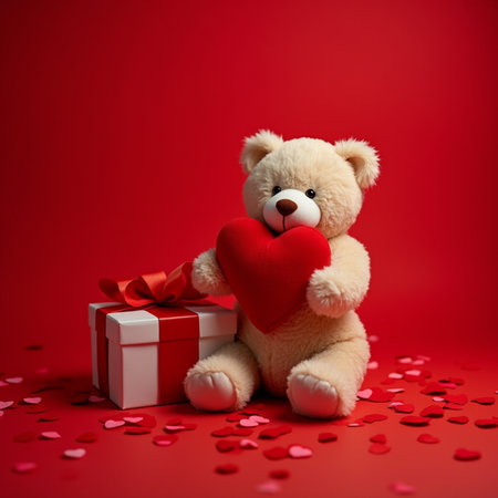 Teddy bear with red heart and gift box on red background. Valentine's day concept.の素材