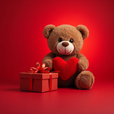 Teddy bear with red heart and gift box on red background.の素材