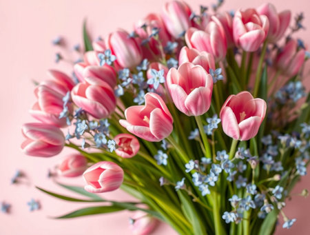Bouquet of pink tulips and forget-me-nots on pink backgroundの素材