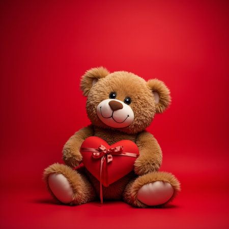 Teddy bear with a red heart on a red background. Valentine's Day.の素材
