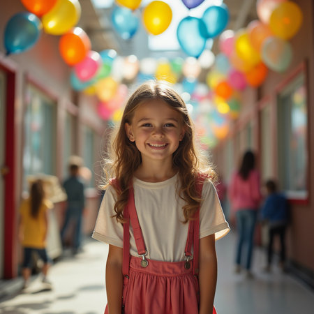 Portrait of a cute little girl with colorful balloons in the cityの素材