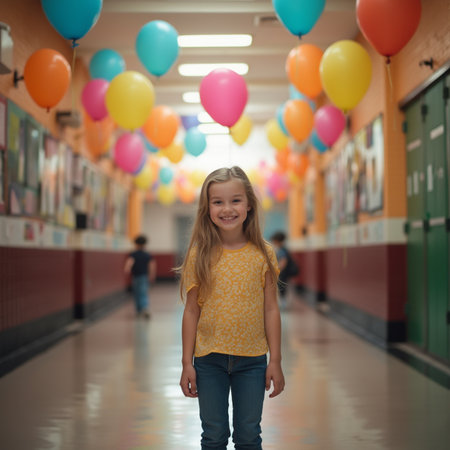Portrait of a cute little girl with colorful balloons in the school corridorの素材