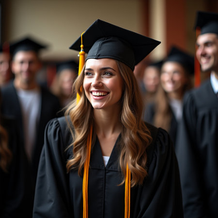 happy students in mortarboard and bachelor gowns at university graduation partyの素材