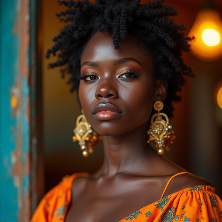 Beautiful african american woman with afro hairstyle and makeupの素材