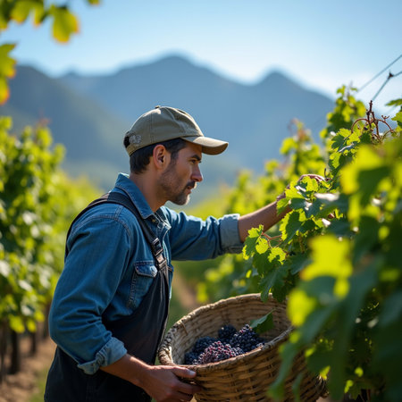 Young man harvesting grapes in vineyard on sunny day. Focus on manの素材