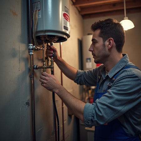 Plumber repairing a heating system in a boiler room. Selective focus.の素材