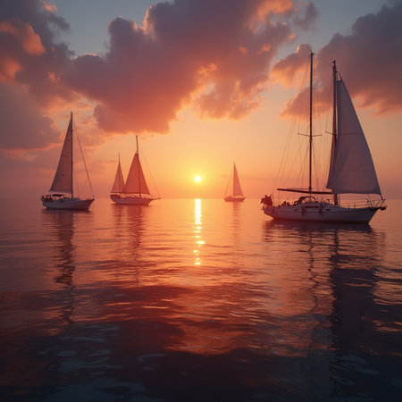 Yachts on the sea at sunset. 3d rendering.の素材