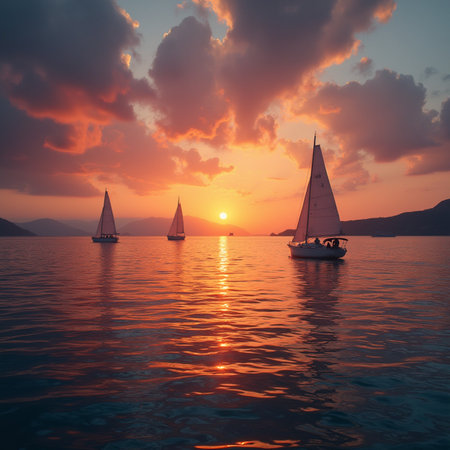 Sailing yacht in the sea at sunset. 3d rendering.の素材
