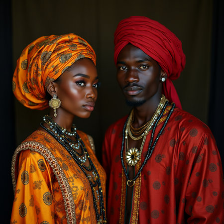 Portrait of a beautiful African-American couple in traditional clothing.の素材