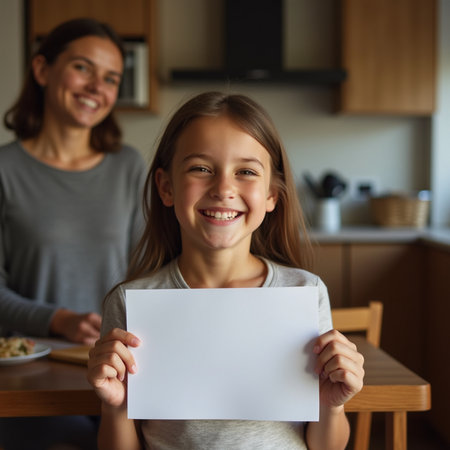 Happy mother and daughter holding a blank sheet of paper in the kitchenの素材
