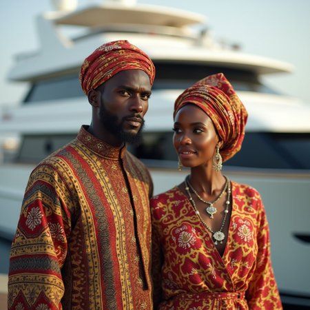 Portrait of beautiful African American couple in traditional clothes on yachtの素材