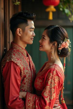Young Asian couple in traditional Chinese wedding clothes looking at each otherの素材